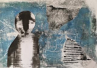 Magret Peper - Kalendergedichte - Collage - graublau - mit undeutlich erkennbarer Person im Mondlicht