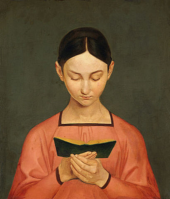 Lesen-Lyrik-Schreibnacht-Porträt-Bruststück-Frontalansicht eines lesendes Mädchens im roten Kleid. Bild von Gustav Adolph Hennig